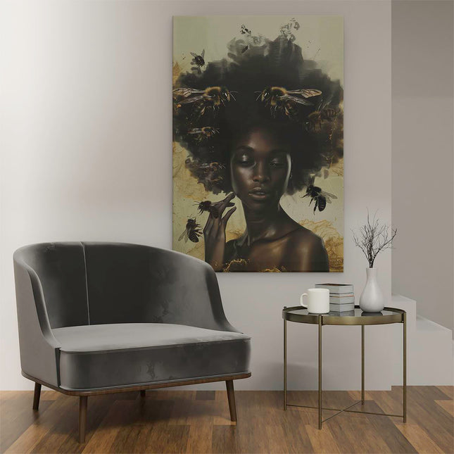 Canvas schilderij interieur Vrouw met een Afro Omringd door Bijen