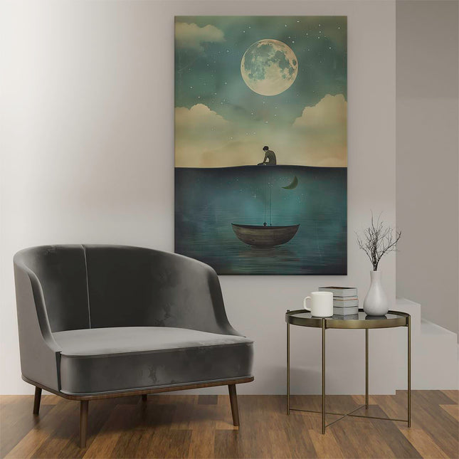 Canvas schilderij interieur Man zit op een Boot met een Vis in het Water