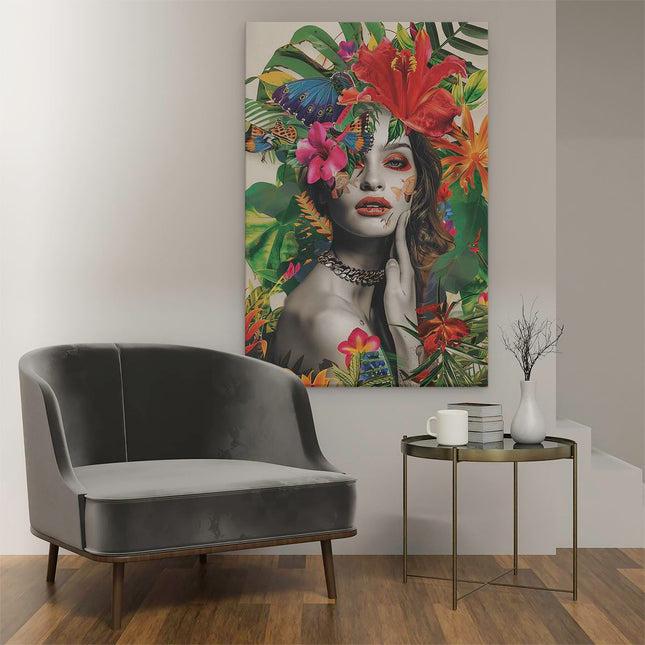 Canvas schilderij interieur Vrouw met Bloemen op haar Hoofd