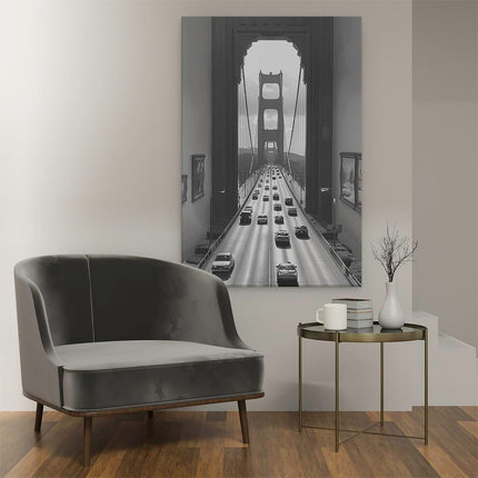 Canvas schilderij interieur Zwart Wit Beeld van Auto's die over de Golden Gate Bridge Rijden