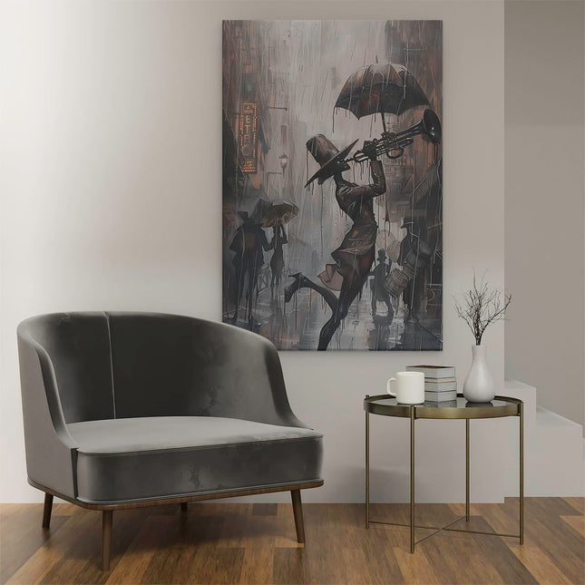 Canvas schilderij interieur Vrouw die Trompet speelt in de Regen