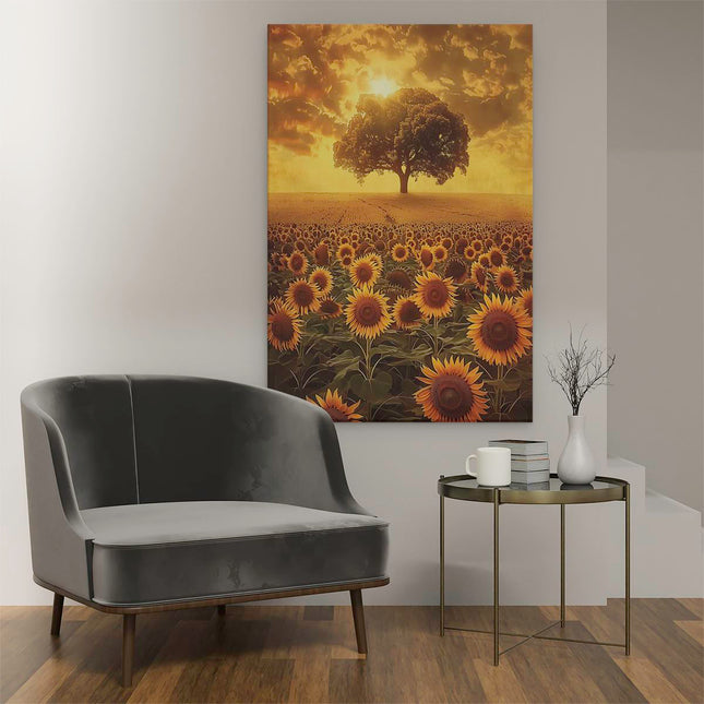 Canvas schilderij interieur Veld met Zonnebloemen met een Boom op de Achtergrond