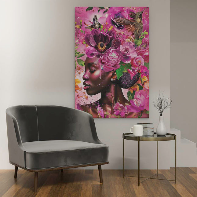 Canvas schilderij interieur Zwarte Vrouw met Bloemen op haar Hoofd