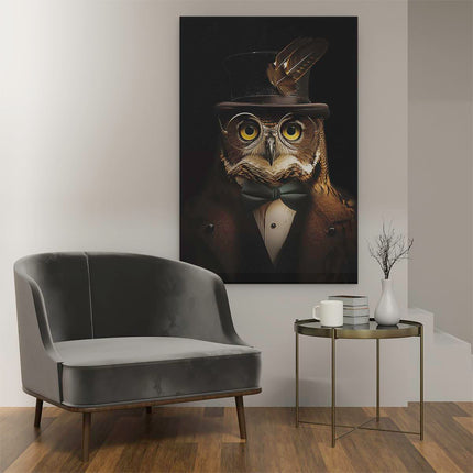Canvas schilderij interieur Uil in Hoge Hoed