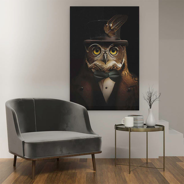 Canvas schilderij interieur Uil in Hoge Hoed