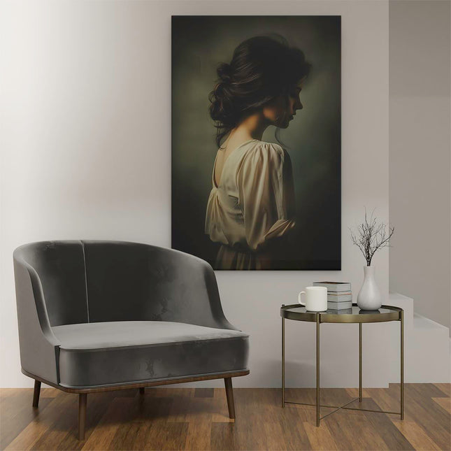 Canvas schilderij interieur Vrouw in een Witte Jurk met Donker Haar