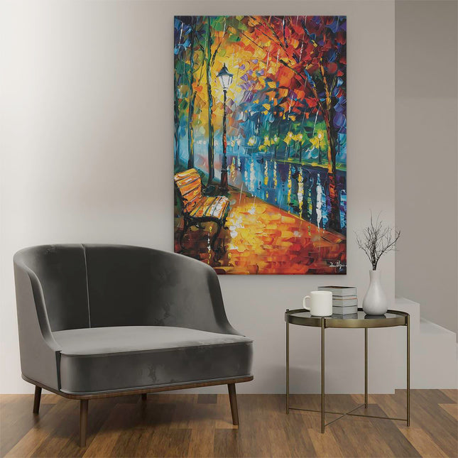 Canvas schilderij interieur Kunstwerk van een Bankje in de Regen