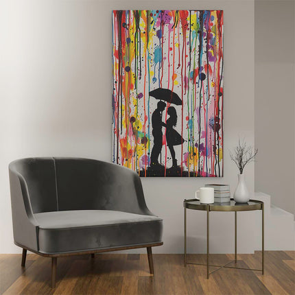 Canvas schilderij interieur Paar Kussen onder een Kleurrijke Paraplu