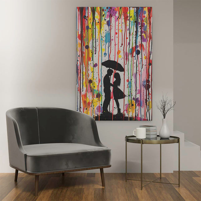Canvas schilderij interieur Paar Kussen onder een Kleurrijke Paraplu