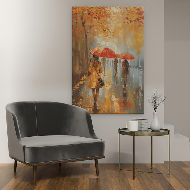 Canvas schilderij interieur Mensen die met Paraplu's in de Regen Lopen