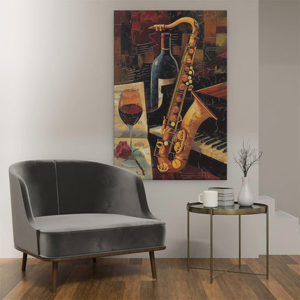 Canvas schilderij interieur Saxofoon en een Glas Wijn