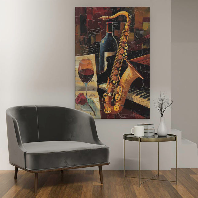 Canvas schilderij interieur Saxofoon en een Glas Wijn