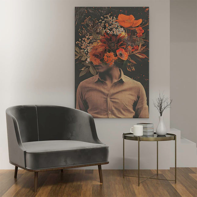 Canvas schilderij interieur Man met Bloemen op zijn Hoofd