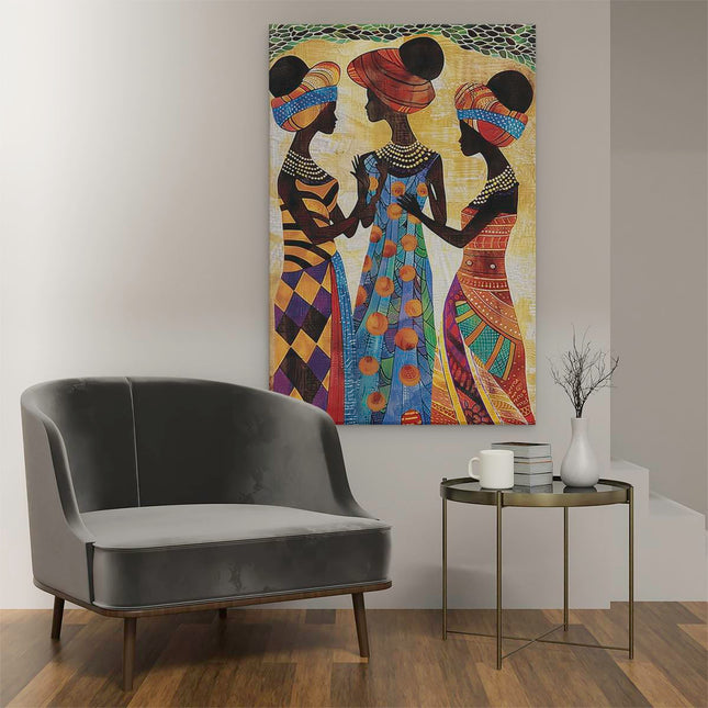 Canvas schilderij interieur Drie Afrikaanse Vrouwen in Kleurrijke Outfits