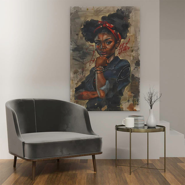 Canvas schilderij interieur Zwarte Vrouw met Afrohaar en een Rode Bandana
