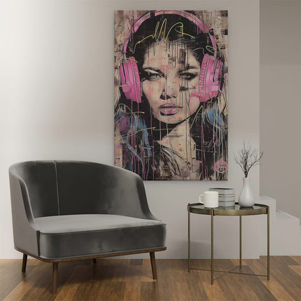 Canvas schilderij interieur Meisje met Roze Koptelefoon op haar Hoofd