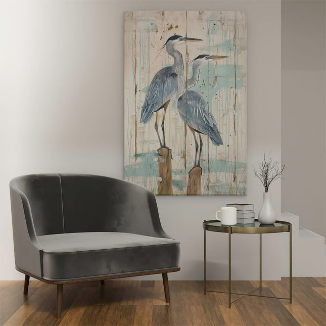 Canvas schilderij interieur Twee Blauwe Reigers op een Houten Paal