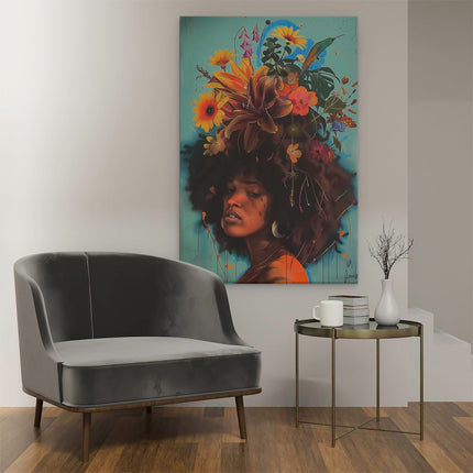 Canvas schilderij interieur Vrouw met Bloemen op haar Hoofd