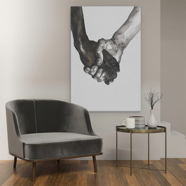 Canvas schilderij interieur Zwart Wit Tekening van Twee Mensen die Elkaar de Hand Schudden