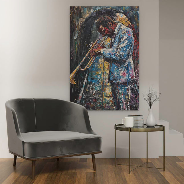 Canvas schilderij interieur Kunstwerk van een Jazzmuzikant die een Trompet Speelt