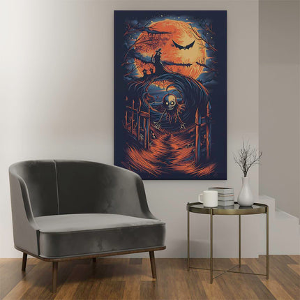 Canvas schilderij interieur Afbeelding van een Skelet voor een Volle Maan