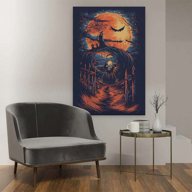 Canvas schilderij interieur Afbeelding van een Skelet voor een Volle Maan