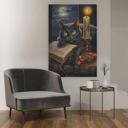 Canvas schilderij interieur Zwarte Kat die op een Boek ligt met een Kaars