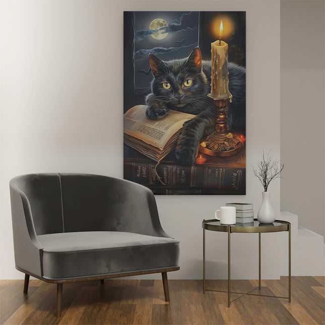 Canvas schilderij interieur Zwarte Kat die op een Boek ligt met een Kaars