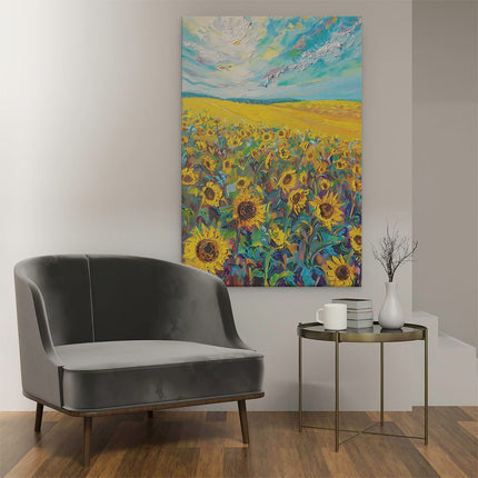 Canvas schilderij interieur Kunstwerk van Zonnebloemen in een Veld