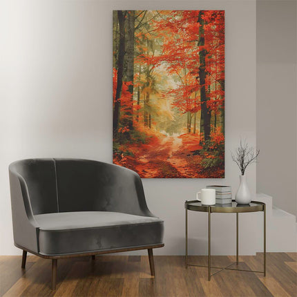 Canvas schilderij interieur Pad in het Bos met Rode Bladeren