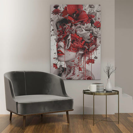 Canvas schilderij interieur Vrouw met Rode Bloemen op haar Hoofd