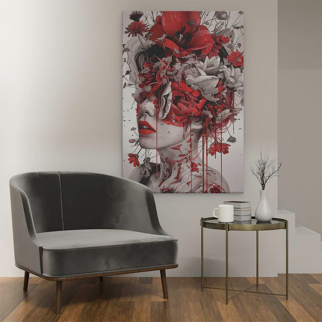 Canvas schilderij interieur Vrouw met Rode Bloemen op haar Hoofd