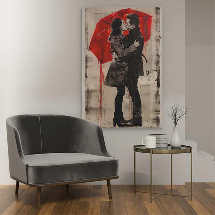 Canvas schilderij interieur Paar Kussen onder een Rode Paraplu