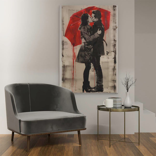 Canvas schilderij interieur Paar Kussen onder een Rode Paraplu