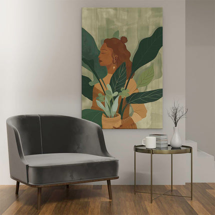 Canvas schilderij interieur Vrouw die een Potplant Vasthoudt