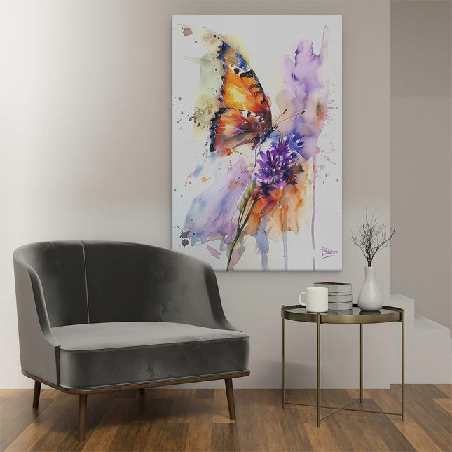 Canvas schilderij interieur Aquarelkunstwerk van een Vlinder op een Bloem