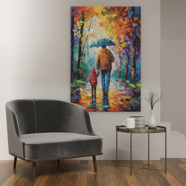 Canvas schilderij interieur Man en een Kind Lopen in de Regen met een Paraplu