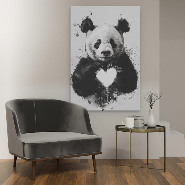 Canvas schilderij interieur Pandabeer die een Hart Vasthoudt