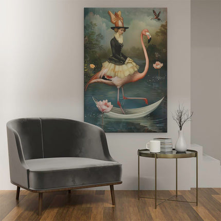 Canvas schilderij interieur Vrouw die een Flamingo op een Boot Berijdt