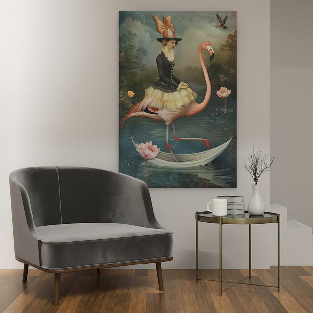 Canvas schilderij interieur Vrouw die een Flamingo op een Boot Berijdt