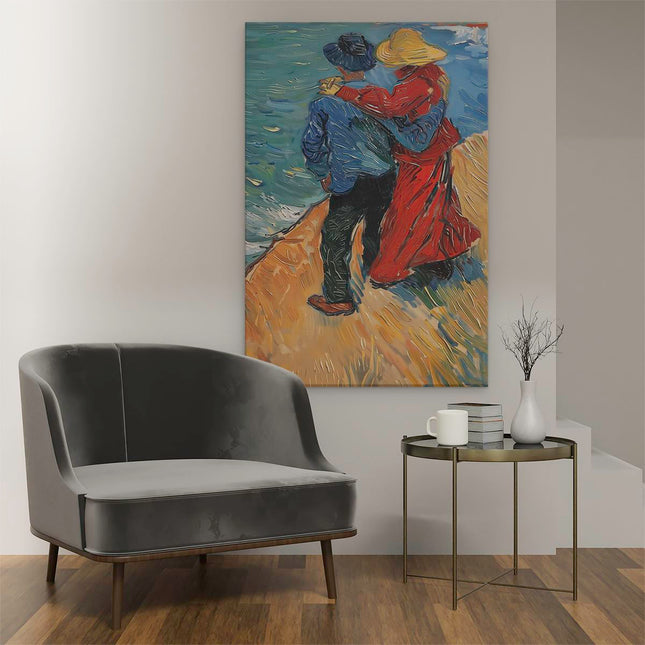 Canvas schilderij interieur Kunstwerk van een Stel dat op het Strand loopt