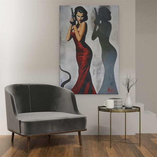 Canvas schilderij interieur Vrouw in een Rode Jurk met een Pistool