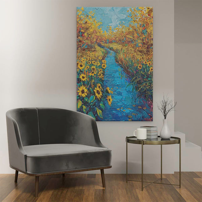 Canvas schilderij interieur Olieverfschilderij van een Beekje en Zonnebloemen