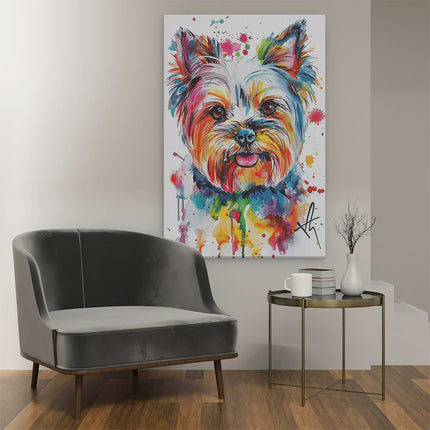 Canvas schilderij interieur Yorkshire Terrier met Kleurrijke Verfspatten