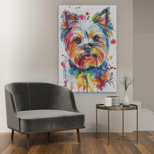 Canvas schilderij interieur Yorkshire Terrier met Kleurrijke Verfspatten
