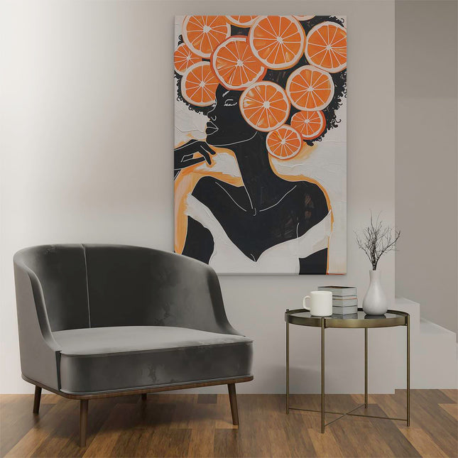 Canvas schilderij interieur Vrouw met Stukjes Sinaasappel op haar Hoofd