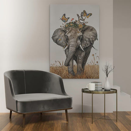 Canvas schilderij interieur Olifant met Vlinders op zijn Rug