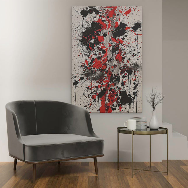 Canvas schilderij interieur Kunstwerk met Rode en Zwarte Verfspatten