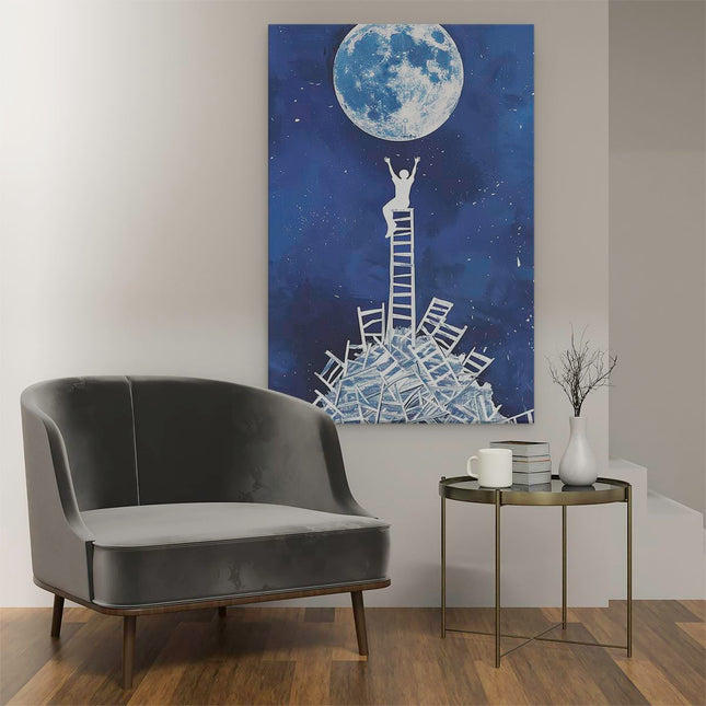Canvas schilderij interieur Persoon Staat op een Ladder voor een Volle Maan