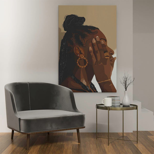 Canvas schilderij interieur Zwarte Vrouw die haar Hand tegen haar Gezicht Hield